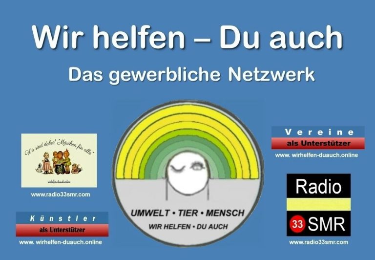 Logo mit Text: "Wir helfen – Du auch" und Informationen zum Netzwerk und Radio 13 SMR.