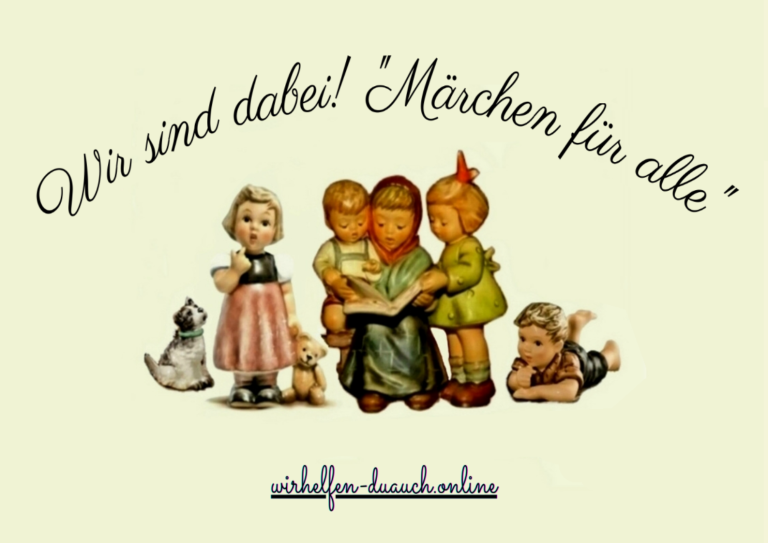Vier Kinder umarmen eine Frau, die ein Buch liest. Text: "Wir sind dabei! Märchen für alle".